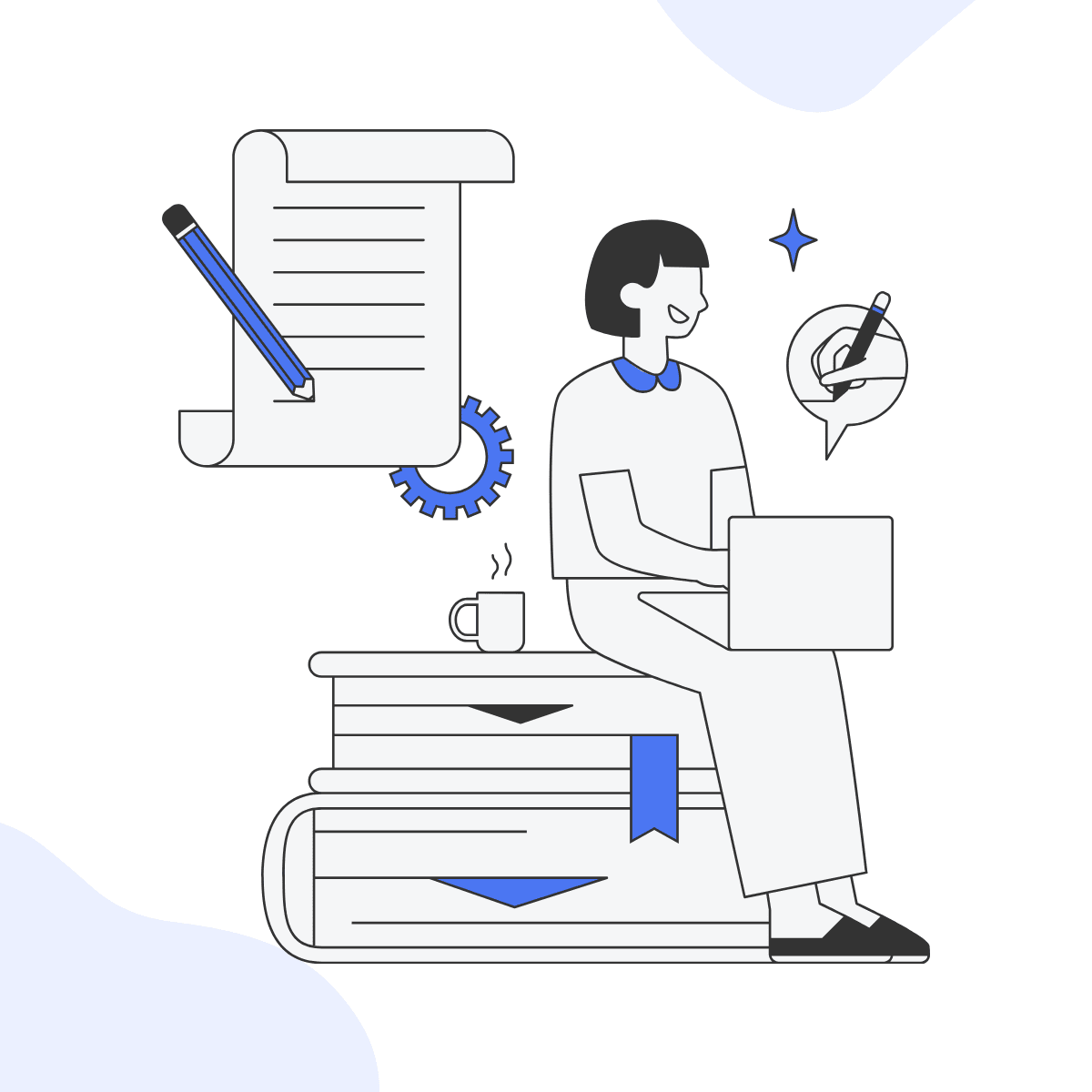 A tech job seeker sitting on two big books writing their resume with no job experience