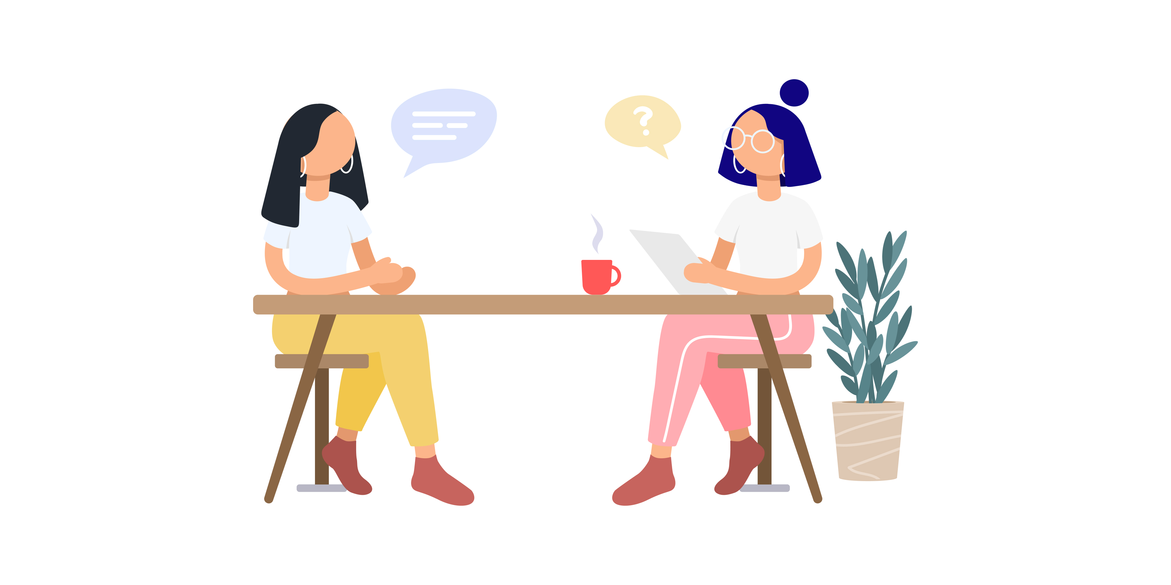 Illustration of two women sitting at a table, one being interviewed by the other