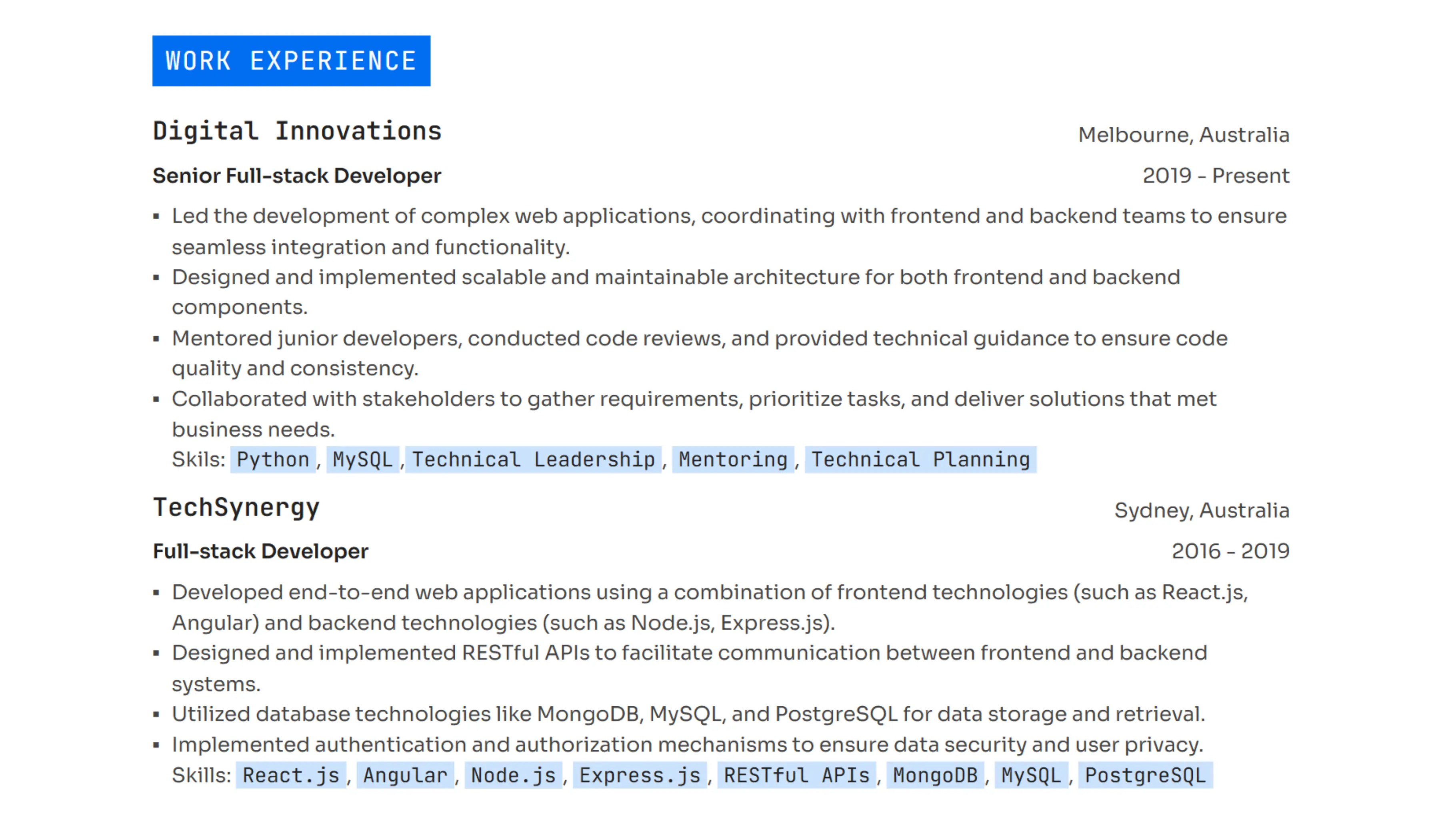 Resume example showing highlighted skills in color using backticks in Resumey.Pro, compared to plain text skills.